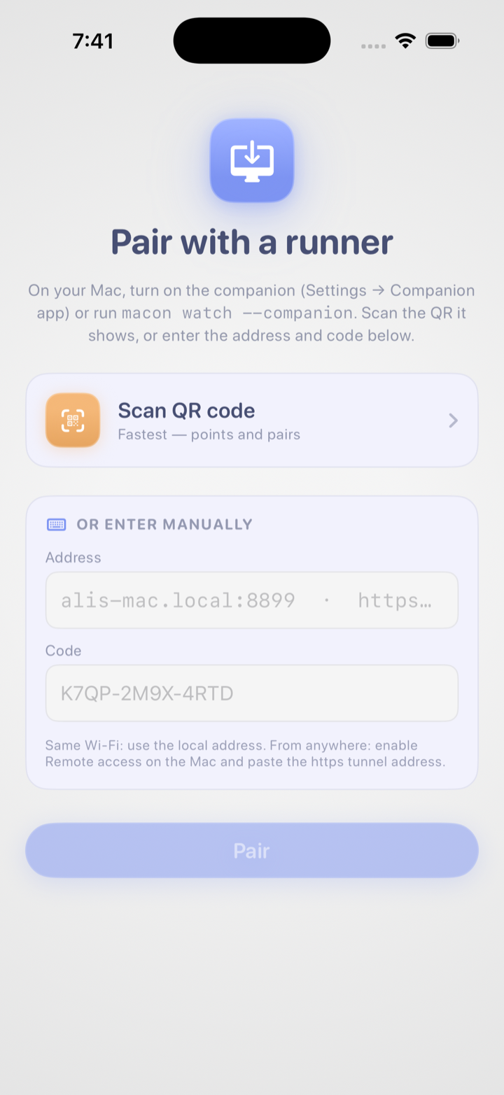 Pairing the companion with a Mac using a QR code or a single-use pairing code
