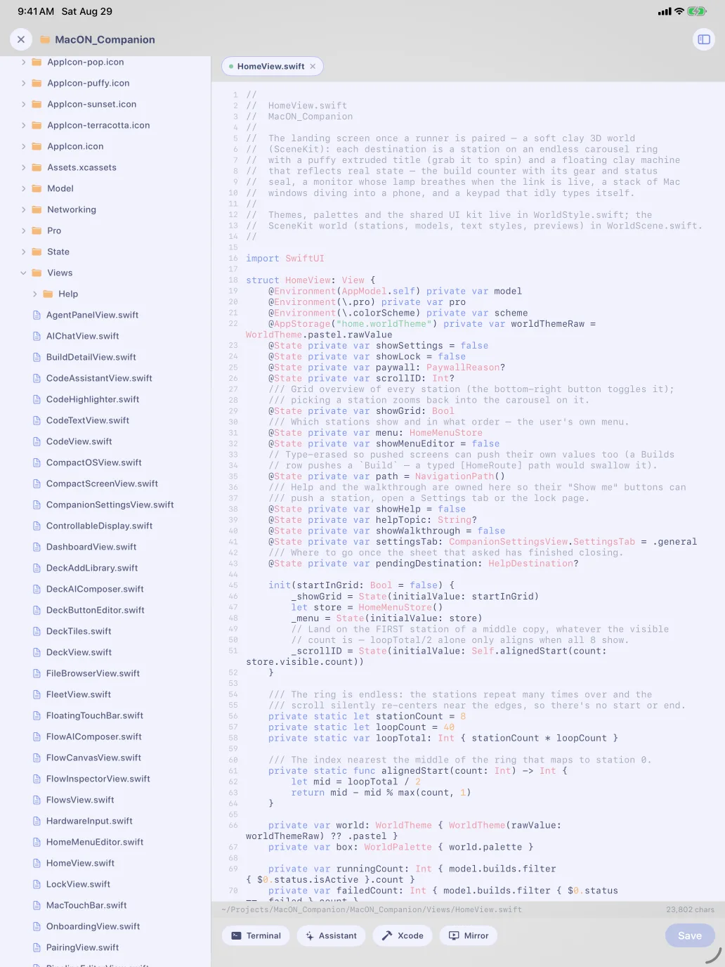 The code workspace on iPad: file explorer, the editor and the terminal together
