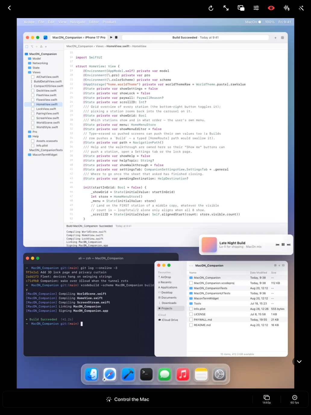 The Mac desktop streamed to an iPad, Xcode, Terminal and Finder nearly full size