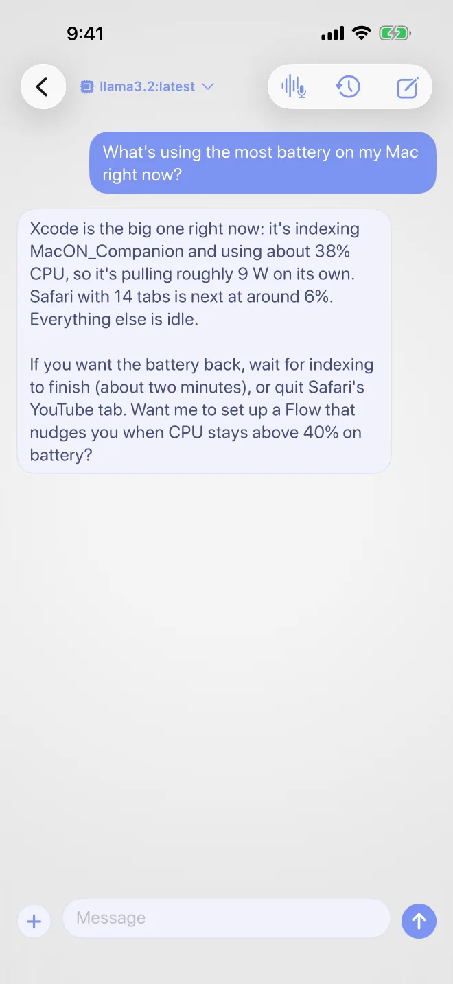 A chat with llama3.2 on the Mac explaining what is using the battery and offering to set up a flow