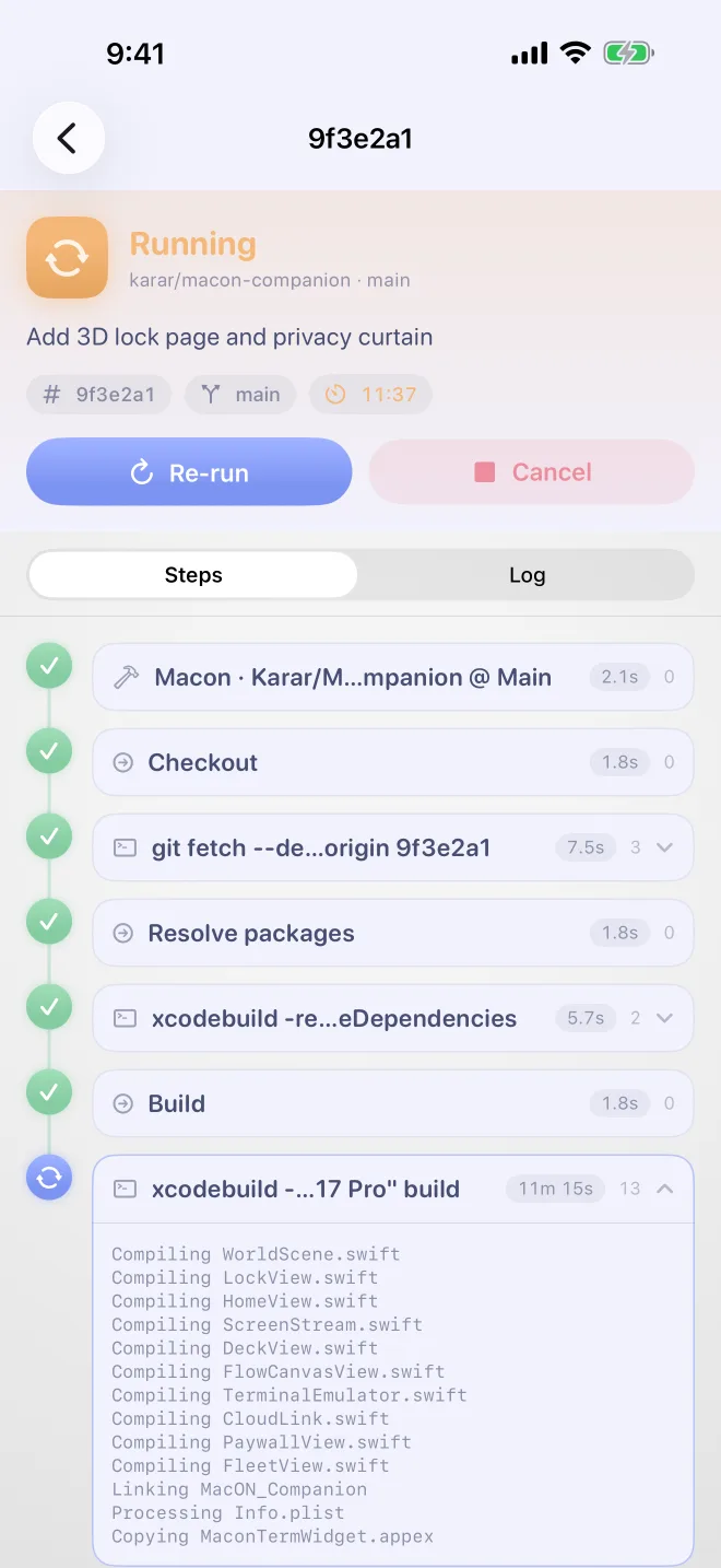 A running build: the commit, branch and timer, Re-run and Cancel buttons, and the step timeline with a streaming xcodebuild log