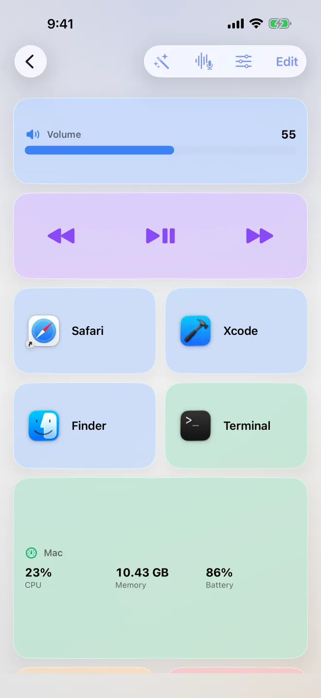 The Deck station: a volume slider, media keys, Safari, Xcode, Finder and Terminal keys, and a live tile with the Mac's CPU, memory and battery