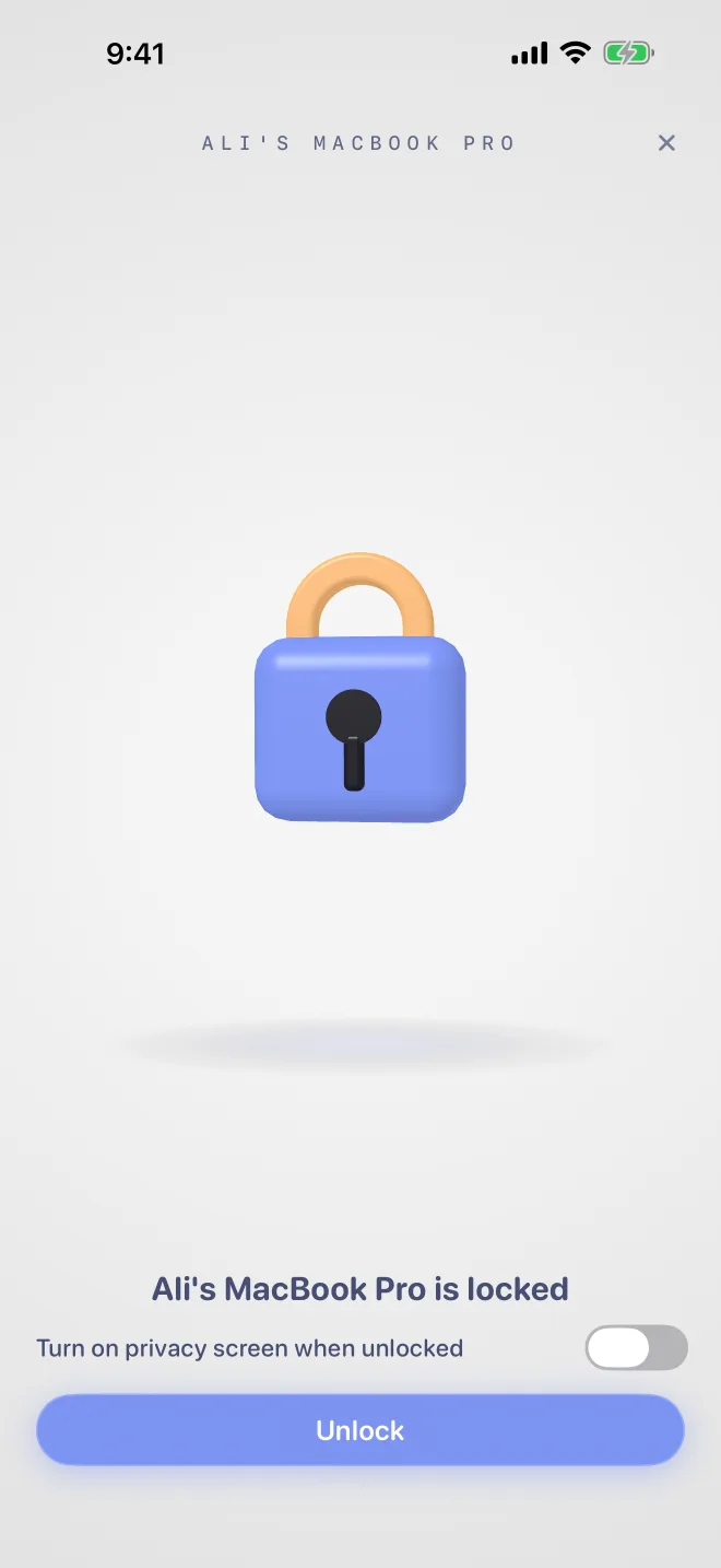 The lock page: a 3D padlock, Ali's MacBook Pro is locked, a privacy screen switch and an Unlock button