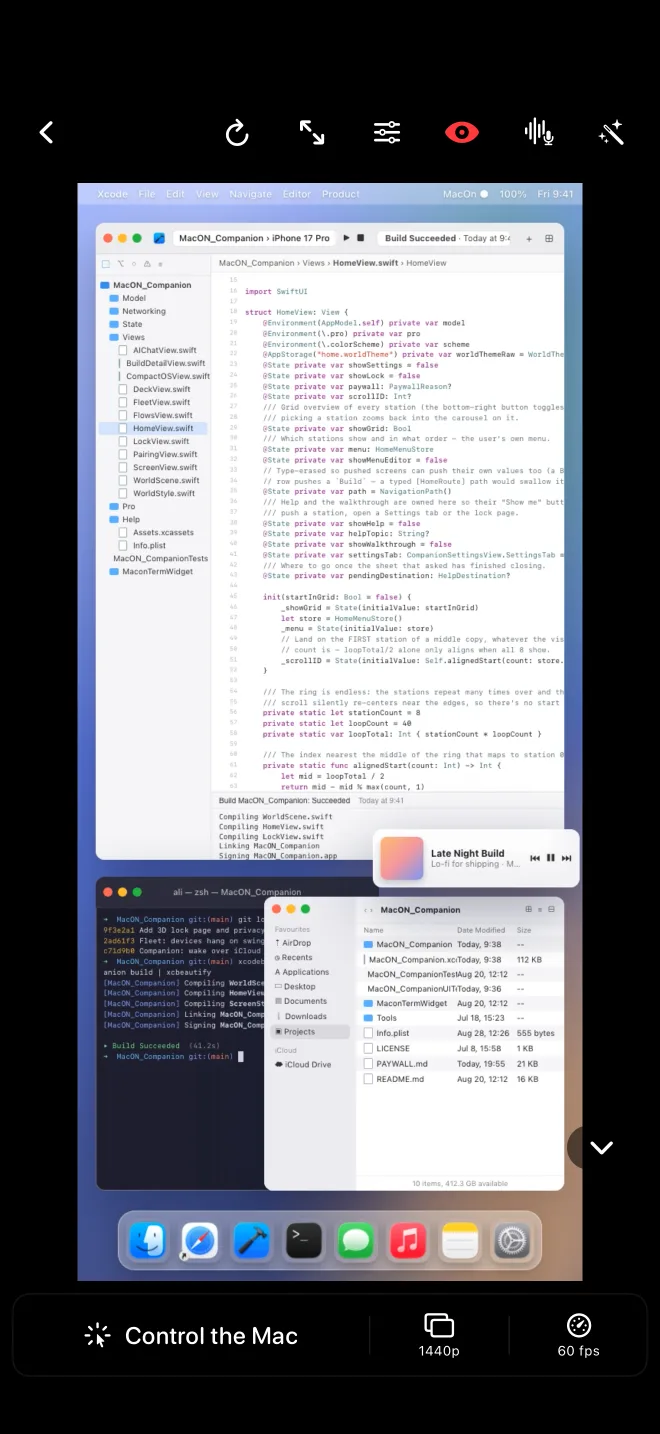 The Mac desktop streamed to the phone, Xcode, Terminal and Finder open, with the control bar showing 1440p at 60 fps