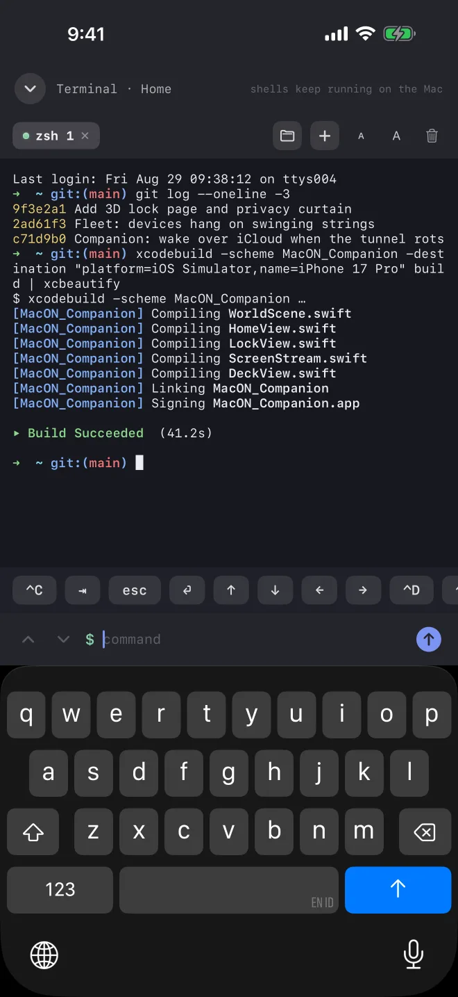 A zsh terminal on the Mac running xcodebuild, Build Succeeded, with the key row and keyboard